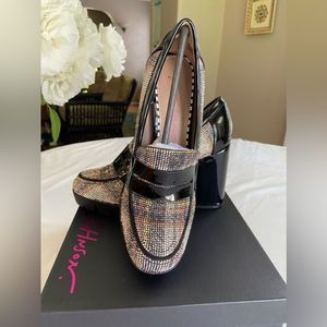 Betsey Johnson NWB Adelyn Wht Plaid rhinestone upper slip on high heel shoes 7.5